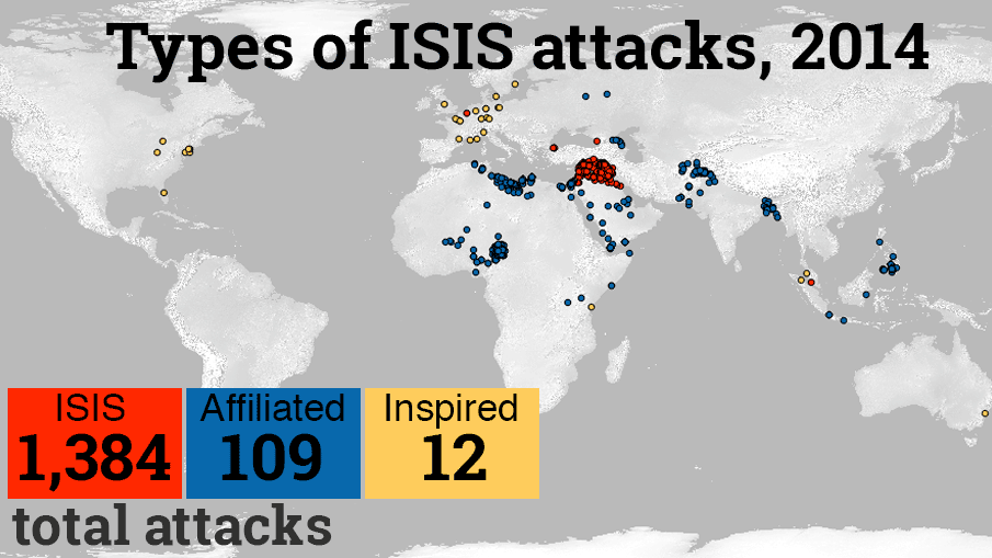 An animated GIF shows attacks claimed by ISIS for 2014, 2015 and 2016 in three categories. Core ISIS attacks are centered in Iraq and Syria; affiliates are spread throughout Africa and Asia; inspired attacks are in the west.